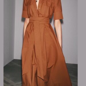 Zara Maxi Wrap Shirt Dress in Rust